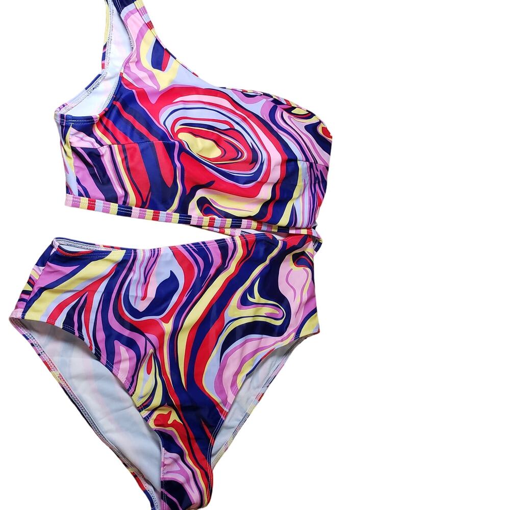Boutique Women's 1X One Shoulder Monokini Swimsuit Multicolor Marble Swirl Pool